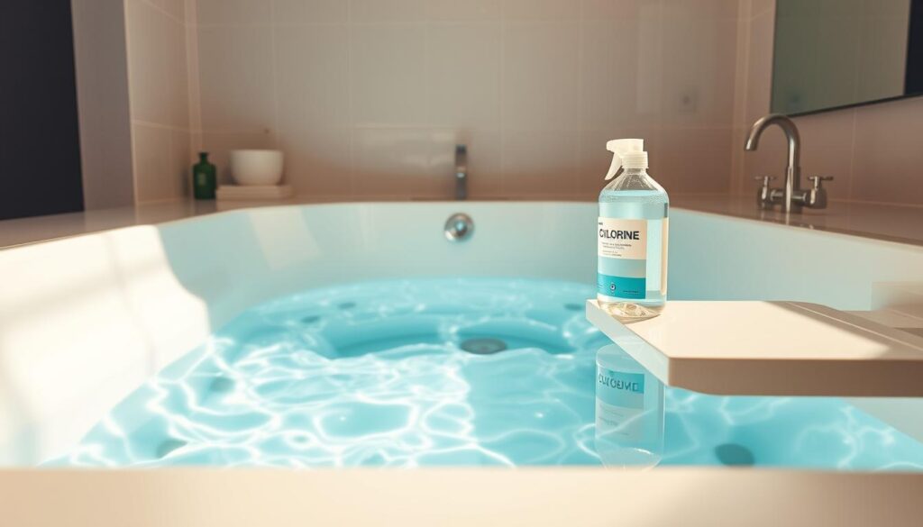 A bright, well-lit bathroom interior with a large, inviting jacuzzi tub in the center. The tub is filled with crystal-clear, sparkling water. A bottle of chlorine pool treatment stands prominently on a nearby shelf, casting a soft, diffused glow. Sleek, modern fixtures and tiles create a luxurious, spa-like atmosphere. The framing is wide, capturing the entire bathroom layout, with attention to the details of the chlorine bottle and the water's serene surface. The overall mood is one of relaxation, cleanliness, and careful chemical maintenance.