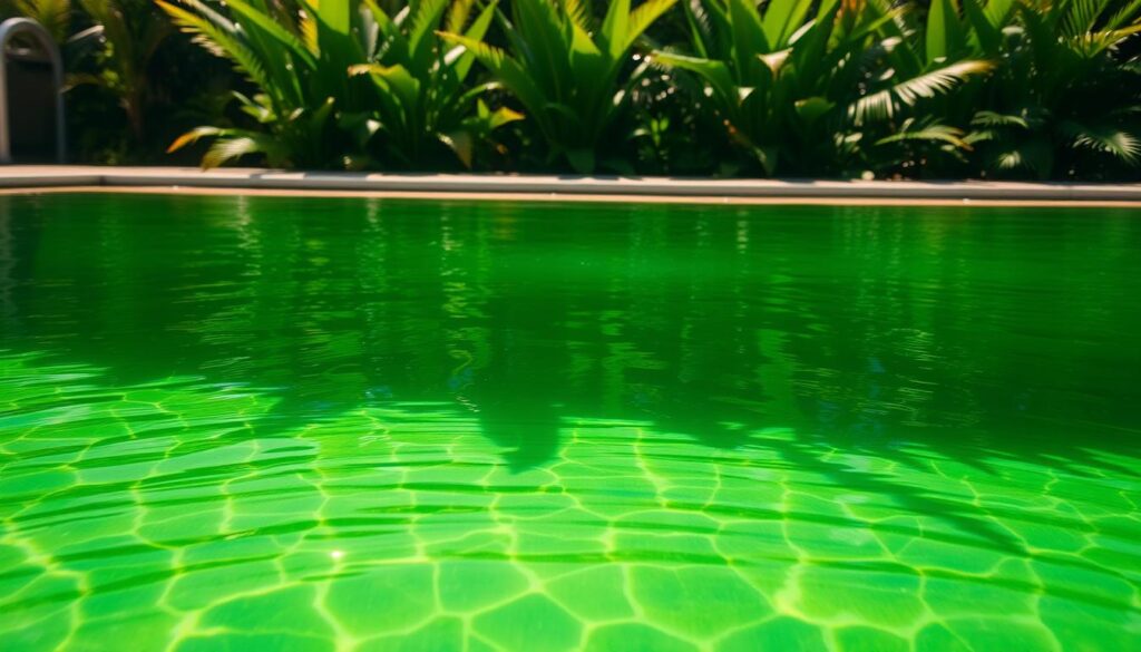 A clear, sunlit swimming pool filled with vibrant green water, surrounded by a tiled deck and lush, verdant foliage. The water's surface gently ripples, reflecting the warm, golden rays of the sun streaming in from a cloudless sky. In the foreground, a close-up view showcases the murky, algae-rich water, its hue ranging from deep emerald to pale seafoam. The middle ground reveals the pool's edges, where the water meets the deck, highlighting the source of the discoloration. The background features a backdrop of dense, tropical plants, casting soft, dappled shadows across the scene. The overall mood is one of natural, earthy serenity, inviting the viewer to explore the causes of this verdant, aquatic phenomenon.