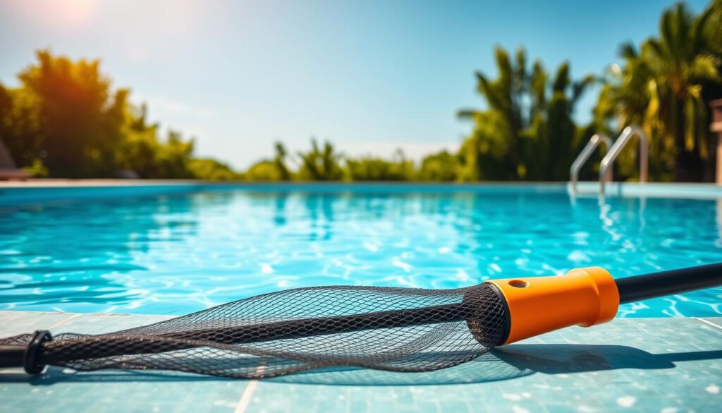 A crystal-clear swimming pool set against a backdrop of lush greenery. The water glistens in the warm, golden sunlight, reflecting the azure sky above. In the foreground, a pool maintenance tool, such as a net or brush, lies on the pool deck, suggesting the steps taken to keep the water pristine. The scene conveys a sense of tranquility and relaxation, with the well-maintained pool serving as a focal point. The lighting is soft and natural, creating a warm, inviting atmosphere. The overall composition emphasizes the importance of pool maintenance in maintaining the water's clarity and purity.