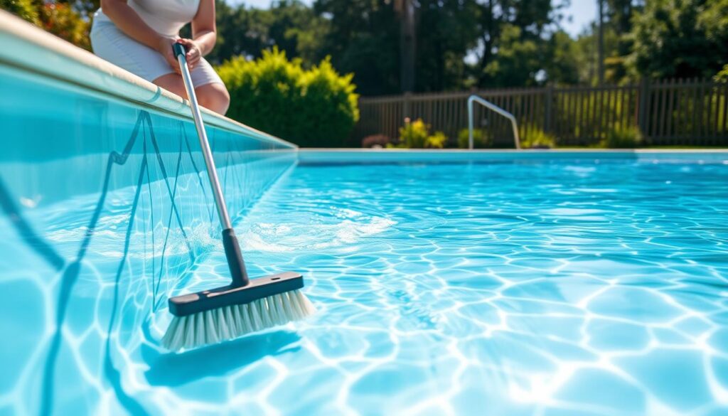 A crystal-clear swimming pool, the sun's rays gently glimmering on the surface. In the foreground, a person kneels by the pool's edge, using a long-handled brush to scrub the bottom, removing any accumulated dirt and debris. The middle ground reveals the pool's steps, leading down into the inviting blue water. In the background, lush greenery and a wooden fence provide a peaceful, natural setting. The image conveys a sense of tranquility and accomplishment, showcasing an effective method for cleaning a pool's bottom without the need for a cumbersome vacuum. A crystal-clear swimming pool, the sun's rays gently glimmering on the surface. In the foreground, a person kneels by the pool's edge, using a long-handled brush to scrub the bottom, removing any accumulated dirt and debris. The middle ground reveals the pool's steps, leading down into the inviting blue water. In the background, lush greenery and a wooden fence provide a peaceful, natural setting. The image conveys a sense of tranquility and accomplishment, showcasing an effective method for cleaning a pool's bottom without the need for a cumbersome vacuum.