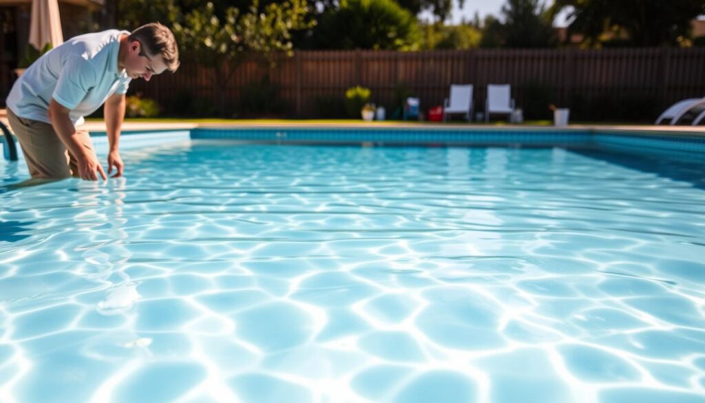 A crystal-clear swimming pool with a milky-white hue, the water's surface reflecting the warm afternoon sunlight. In the foreground, a person bends down, examining the water and considering the best course of action to restore its pristine clarity. The middle ground features various pool maintenance tools and chemicals, suggesting potential solutions to the problem. The background showcases a well-manicured backyard, with lush greenery and a wooden fence, creating a serene and inviting atmosphere. The lighting is soft and natural, accentuating the tranquility of the scene. The camera angle is slightly elevated, providing a comprehensive view of the pool and the surrounding area, guiding the viewer's attention to the central focus of addressing the milky water issue. A crystal-clear swimming pool with a milky-white hue, the water's surface reflecting the warm afternoon sunlight. In the foreground, a person bends down, examining the water and considering the best course of action to restore its pristine clarity. The middle ground features various pool maintenance tools and chemicals, suggesting potential solutions to the problem. The background showcases a well-manicured backyard, with lush greenery and a wooden fence, creating a serene and inviting atmosphere. The lighting is soft and natural, accentuating the tranquility of the scene. The camera angle is slightly elevated, providing a comprehensive view of the pool and the surrounding area, guiding the viewer's attention to the central focus of addressing the milky water issue.