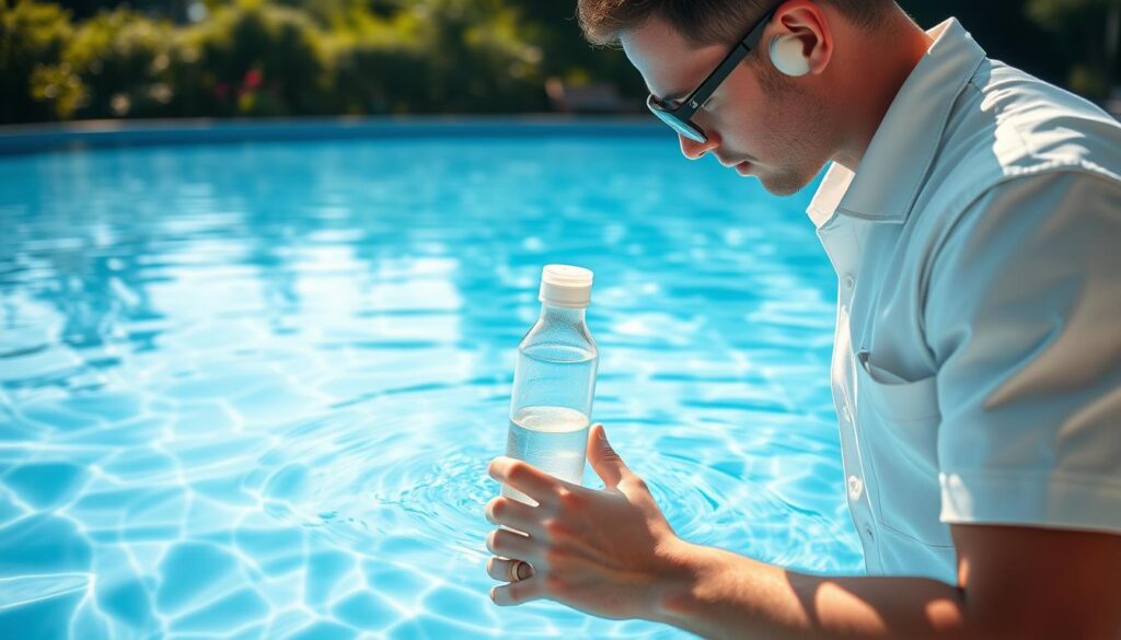 A crystal-clear swimming pool with carefully balanced pH levels. A skilled pool technician in a white uniform tests the water with precise instruments, meticulously checking the alkalinity and acidity. Sunlight streams through the water, illuminating the clean, sparkling surface. In the background, lush greenery and a serene, tranquil atmosphere create a sense of relaxation and well-being. The scene conveys the importance of maintaining proper pH levels to ensure the water's purity and safety for swimmers, emphasizing the crucial role of pool maintenance in creating a healthy, inviting aquatic environment. A crystal-clear swimming pool with carefully balanced pH levels. A skilled pool technician in a white uniform tests the water with precise instruments, meticulously checking the alkalinity and acidity. Sunlight streams through the water, illuminating the clean, sparkling surface. In the background, lush greenery and a serene, tranquil atmosphere create a sense of relaxation and well-being. The scene conveys the importance of maintaining proper pH levels to ensure the water's purity and safety for swimmers, emphasizing the crucial role of pool maintenance in creating a healthy, inviting aquatic environment.
