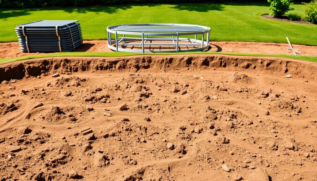 A detailed, high-quality image of the ground preparation for an aboveground pool. In the foreground, a level, compacted dirt or gravel base with precise measurements and proper drainage. In the middle ground, stacks of sturdy pool frame components ready for assembly. In the background, a lush, well-manicured lawn or garden setting, with natural lighting casting soft shadows. The overall scene conveys the importance of a solid, stable foundation for an aboveground pool's long-term performance and safety.