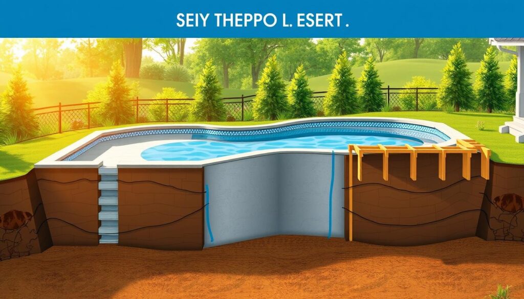 A detailed, technical illustration of the construction process for an outdoor garden pool. The foreground shows the various stages of excavation, concrete pouring, and installation of the pool liner. The middle ground depicts the assembly of the pool walls and the addition of reinforcing elements. The background features lush greenery, natural landscape, and a warm, golden-hued lighting that creates a tranquil, serene atmosphere. The image conveys a step-by-step visual guide to the DIY pool-building process, with a focus on the key construction phases. A detailed, technical illustration of the construction process for an outdoor garden pool. The foreground shows the various stages of excavation, concrete pouring, and installation of the pool liner. The middle ground depicts the assembly of the pool walls and the addition of reinforcing elements. The background features lush greenery, natural landscape, and a warm, golden-hued lighting that creates a tranquil, serene atmosphere. The image conveys a step-by-step visual guide to the DIY pool-building process, with a focus on the key construction phases.