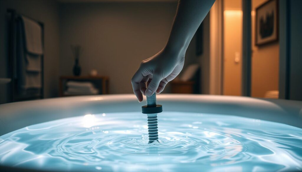 A dimly lit bathroom interior, with a large inflatable hot tub in the center. The tub is filled with clear, gently swirling water, the surface reflecting the soft, warm lighting from above. In the foreground, a hand reaches down to pull the drain plug, allowing the water to slowly begin draining from the tub. The background is blurred, but suggests a cozy, relaxing atmosphere, perhaps with a towel rack, bath mats, and other bathing accoutrements visible. The overall mood is one of a methodical, careful process of emptying the tub, in preparation for storage or cleaning.