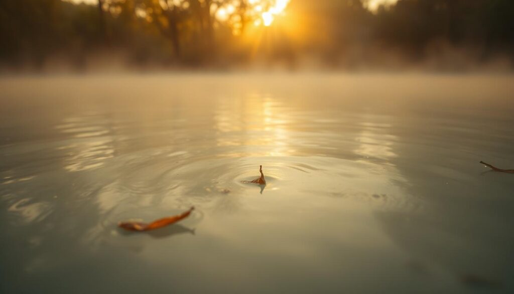 A hazy, cloudy pool of water, with a murky, opaque appearance. The water's surface is slightly rippled, reflecting the ambient lighting above. In the foreground, a few leaves and debris float on the water's surface, contributing to the overall murkiness. The background is blurred, with the pool's surroundings obscured by the hazy conditions. Warm, golden hues from the sun illuminate the scene, creating a moody, atmospheric feel. The camera angle is low, providing a close-up, immersive view of the pool's troubled waters.
