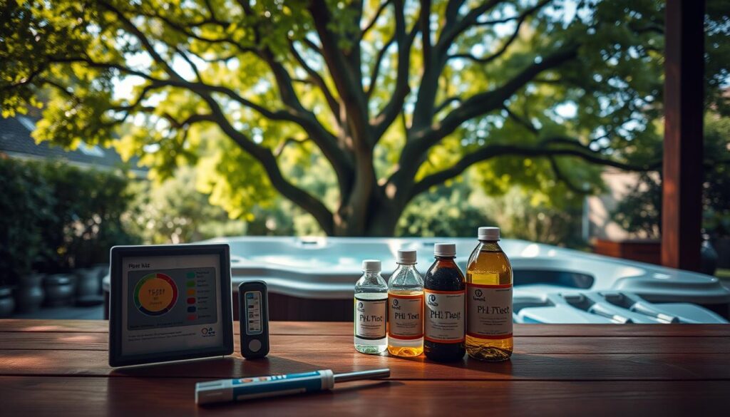 A high-quality jacuzzi in a lush, verdant garden, with sunlight gently filtering through the leaves. In the foreground, a test kit and pH meter sit atop a wooden table, surrounded by bottles of pH adjusting chemicals. The middle ground shows the jacuzzi tub, its crystal-clear water gently bubbling. In the background, a towering tree canopy provides a serene, natural backdrop. The lighting is soft and warm, creating a tranquil, spa-like atmosphere. The overall scene conveys the importance of maintaining proper pH balance for a healthy, enjoyable jacuzzi experience.