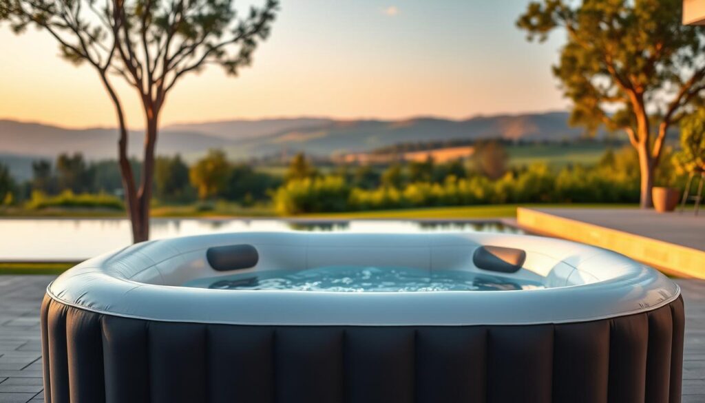 A meticulously detailed image of an inflatable jacuzzi against a serene background. The jacuzzi is positioned in the foreground, its sleek and modern design highlighted by soft, diffused lighting. The middle ground features a tranquil outdoor setting, with lush greenery and a calming body of water. In the background, a picturesque landscape with rolling hills and a warm, golden sky creates a peaceful, relaxing atmosphere. The entire scene is captured with a wide-angle lens, allowing for a comprehensive and immersive view of the subject and its surrounding environment. A meticulously detailed image of an inflatable jacuzzi against a serene background. The jacuzzi is positioned in the foreground, its sleek and modern design highlighted by soft, diffused lighting. The middle ground features a tranquil outdoor setting, with lush greenery and a calming body of water. In the background, a picturesque landscape with rolling hills and a warm, golden sky creates a peaceful, relaxing atmosphere. The entire scene is captured with a wide-angle lens, allowing for a comprehensive and immersive view of the subject and its surrounding environment.