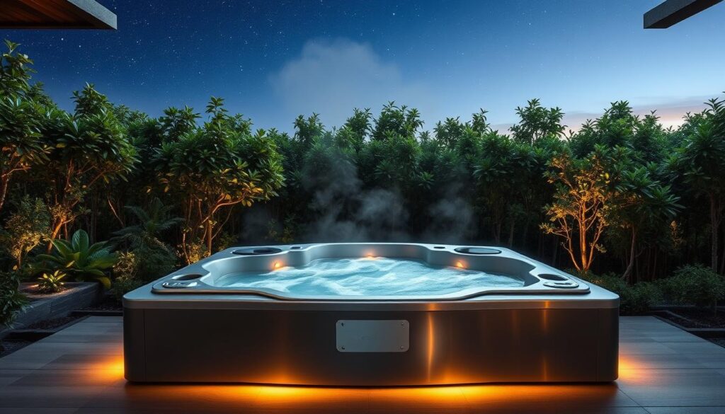 A modern, sleek outdoor jacuzzi nestled in a lush, tranquil garden setting. The jacuzzi is made of high-quality stainless steel, its clean lines and minimalist design complementing the natural surroundings. Warm, soft lighting casts a cozy glow, creating an inviting ambiance. The water gently bubbles, steam rising up against a backdrop of verdant foliage and a clear, starry sky. The scene evokes a sense of relaxation and luxury, perfectly suited for an article on the cost of owning and maintaining an outdoor jacuzzi.