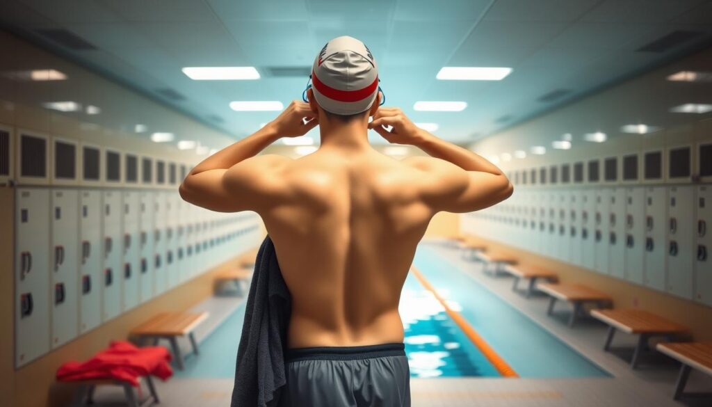 A person standing in a well-lit locker room, preparing to enter a swimming pool. The foreground shows the person putting on a swimming cap and goggles, with a towel and swim trunks nearby. The middle ground reveals rows of lockers and benches, creating a sense of a bustling, organized environment. The background features a glimpse of the pool area, with its shimmering blue water and clean, tiled walls. The lighting is bright and evenly distributed, creating a warm, inviting atmosphere that encourages relaxation and physical activity. The overall scene conveys a sense of anticipation and readiness, reflecting the process of preparing to return to the pool after a period of recovery.
