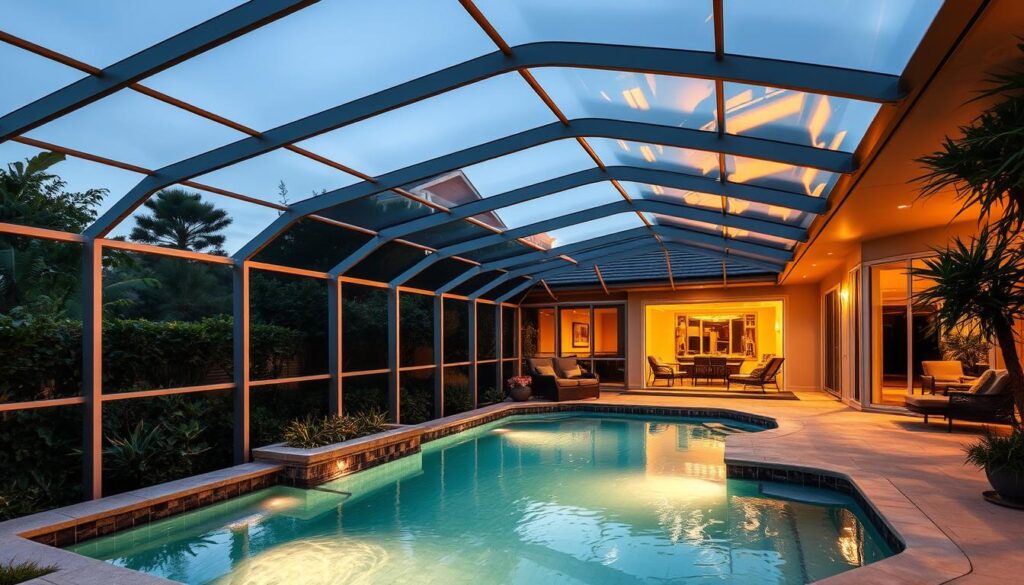 A picturesque backyard with a sparkling pool, surrounded by lush greenery and a meticulously crafted pool enclosure. The structure features sleek, modern lines, with a mix of transparent glass panels and sturdy aluminum frames that create a seamless integration between the indoor and outdoor spaces. Warm, diffused lighting illuminates the scene, casting a soothing glow and highlighting the natural textures of the materials. The pool enclosure is designed to provide year-round protection from the elements, with motorized retractable panels that can be adjusted to suit the weather and desired ambiance. The overall composition exudes a sense of tranquility and relaxation, inviting the viewer to imagine themselves enjoying a peaceful swim or lounging by the pool. A picturesque backyard with a sparkling pool, surrounded by lush greenery and a meticulously crafted pool enclosure. The structure features sleek, modern lines, with a mix of transparent glass panels and sturdy aluminum frames that create a seamless integration between the indoor and outdoor spaces. Warm, diffused lighting illuminates the scene, casting a soothing glow and highlighting the natural textures of the materials. The pool enclosure is designed to provide year-round protection from the elements, with motorized retractable panels that can be adjusted to suit the weather and desired ambiance. The overall composition exudes a sense of tranquility and relaxation, inviting the viewer to imagine themselves enjoying a peaceful swim or lounging by the pool.