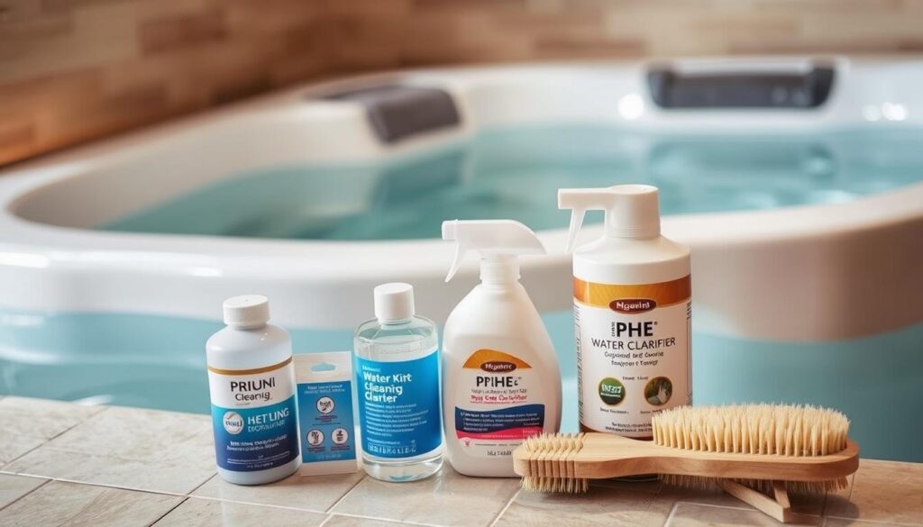 A pristine, well-maintained jacuzzi, filled with crystal-clear, inviting water. The tub is set against a backdrop of a serene, minimalist bathroom, with natural stone tiles and muted, warm lighting. In the foreground, various cleaning supplies are neatly arranged, including a pH testing kit, a water clarifier, and a soft-bristled brush. The overall scene conveys a sense of tranquility and attention to detail, emphasizing the importance of proper jacuzzi water care and maintenance. A pristine, well-maintained jacuzzi, filled with crystal-clear, inviting water. The tub is set against a backdrop of a serene, minimalist bathroom, with natural stone tiles and muted, warm lighting. In the foreground, various cleaning supplies are neatly arranged, including a pH testing kit, a water clarifier, and a soft-bristled brush. The overall scene conveys a sense of tranquility and attention to detail, emphasizing the importance of proper jacuzzi water care and maintenance.