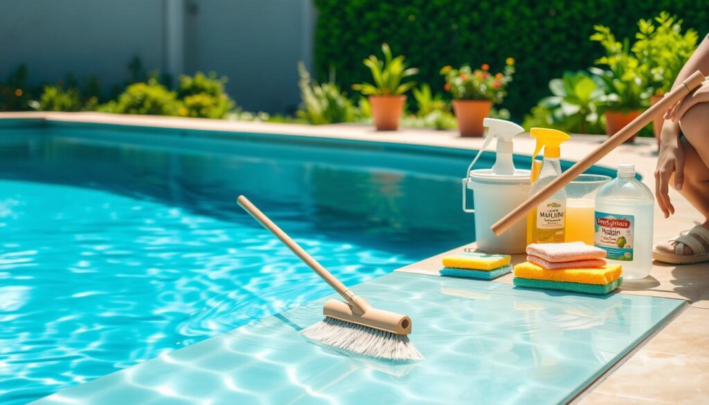 A serene backyard pool, its crystal-clear water glistening in the warm afternoon sun. In the foreground, a person crouches beside the pool, using a long-handled brush to gently scrub the tiles at the bottom. The movement of the brush creates gentle ripples on the water's surface. In the middle ground, various household cleaning supplies are neatly arranged, including a bucket, sponges, and a natural cleaning solution. The background features lush greenery, perhaps a few potted plants or a verdant garden, creating a calming and inviting atmosphere. The overall scene conveys a sense of simplicity, efficiency, and a connection to nature, capturing the essence of "Domowe sposoby na czyszczenie dna basenu." A serene backyard pool, its crystal-clear water glistening in the warm afternoon sun. In the foreground, a person crouches beside the pool, using a long-handled brush to gently scrub the tiles at the bottom. The movement of the brush creates gentle ripples on the water's surface. In the middle ground, various household cleaning supplies are neatly arranged, including a bucket, sponges, and a natural cleaning solution. The background features lush greenery, perhaps a few potted plants or a verdant garden, creating a calming and inviting atmosphere. The overall scene conveys a sense of simplicity, efficiency, and a connection to nature, capturing the essence of "Domowe sposoby na czyszczenie dna basenu."