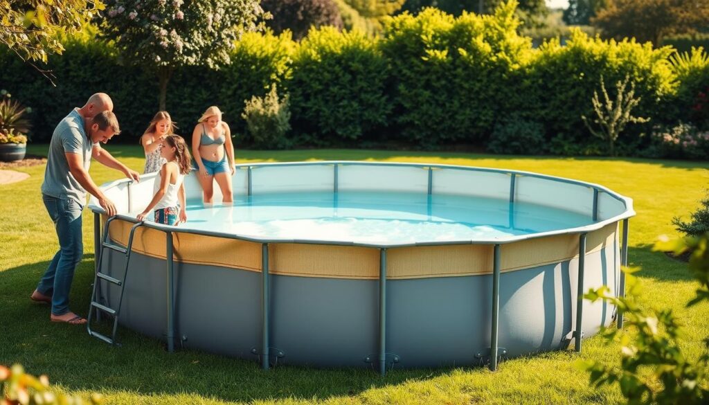 A serene backyard scene showcasing an above-ground pool being assembled with ease. In the foreground, a family works together, fitting the sturdy steel frame and connecting the durable liner. The middle ground depicts the pool's smooth, inviting water, reflecting the clear sky and lush surrounding foliage. In the background, a verdant landscape frames the scene, highlighting the pool's integration with the natural environment. Soft, natural lighting casts a warm glow, emphasizing the satisfying process of constructing this versatile, cost-effective recreational feature. The overall atmosphere conveys the joy and convenience of creating a backyard oasis with a simple, reusable pool structure.