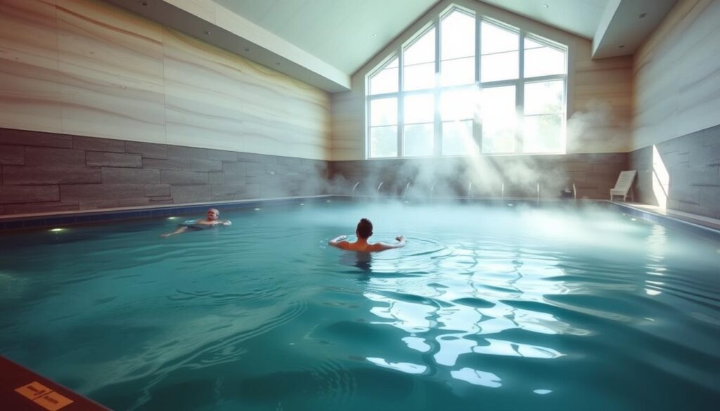 A serene indoor pool filled with clear, mineral-rich saltwater. The pool is surrounded by smooth, polished stone walls and a high, vaulted ceiling with natural sunlight streaming in through large windows. The water has a gentle, soothing blue-green hue, and steam rises from the surface, creating a misty, calming atmosphere. Bathers float weightlessly, relaxing their muscles and absorbing the therapeutic properties of the saline solution. The pool area is well-lit, with subtle ambient lighting and a clean, modern aesthetic that enhances the tranquil, restorative ambiance. The overall scene conveys the soothing, rejuvenating qualities of a saltwater pool. A serene indoor pool filled with clear, mineral-rich saltwater. The pool is surrounded by smooth, polished stone walls and a high, vaulted ceiling with natural sunlight streaming in through large windows. The water has a gentle, soothing blue-green hue, and steam rises from the surface, creating a misty, calming atmosphere. Bathers float weightlessly, relaxing their muscles and absorbing the therapeutic properties of the saline solution. The pool area is well-lit, with subtle ambient lighting and a clean, modern aesthetic that enhances the tranquil, restorative ambiance. The overall scene conveys the soothing, rejuvenating qualities of a saltwater pool.