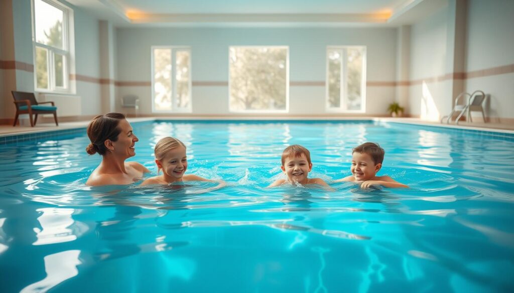 A serene indoor pool setting, with clear blue water reflecting the natural light streaming through large windows. A family of four - two parents and two children - are relaxing in the pool, enjoying the refreshing water after a recent bout of chickenpox. The parents keep a watchful eye on their kids, who splash and play joyfully. The overall mood is one of relief and rejuvenation, as the family safely navigates the recommended recovery period before returning to the pool. Soft, warm lighting and clean, minimalist decor create a calming atmosphere, inviting viewers to imagine themselves in this tranquil scene.
