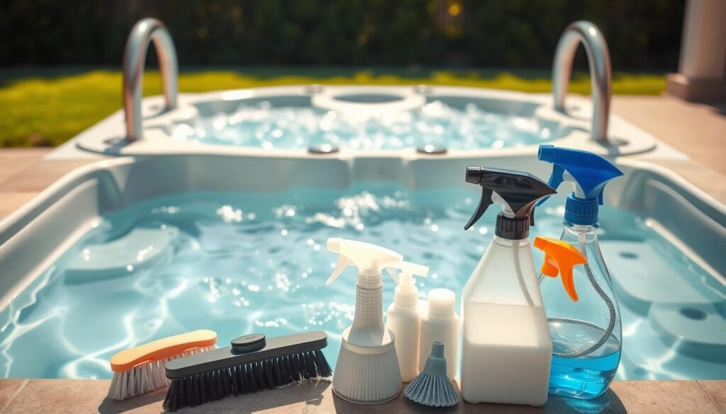 A serene jacuzzi filled with crystal-clear water, surrounded by a tiled deck and lush greenery. Bright natural lighting casts a warm glow, highlighting the sleek stainless-steel fixtures and sparkling bubbles. In the foreground, an array of cleaning supplies - brushes, skimmers, and specialized cleaners - stands ready to maintain the jacuzzi's pristine condition. The overall scene conveys a sense of tranquility and attention to detail, perfectly capturing the essence of "Jak dbać o jacuzzi: kluczowe zasady utrzymania czystości". A serene jacuzzi filled with crystal-clear water, surrounded by a tiled deck and lush greenery. Bright natural lighting casts a warm glow, highlighting the sleek stainless-steel fixtures and sparkling bubbles. In the foreground, an array of cleaning supplies - brushes, skimmers, and specialized cleaners - stands ready to maintain the jacuzzi's pristine condition. The overall scene conveys a sense of tranquility and attention to detail, perfectly capturing the essence of "Jak dbać o jacuzzi: kluczowe zasady utrzymania czystości".
