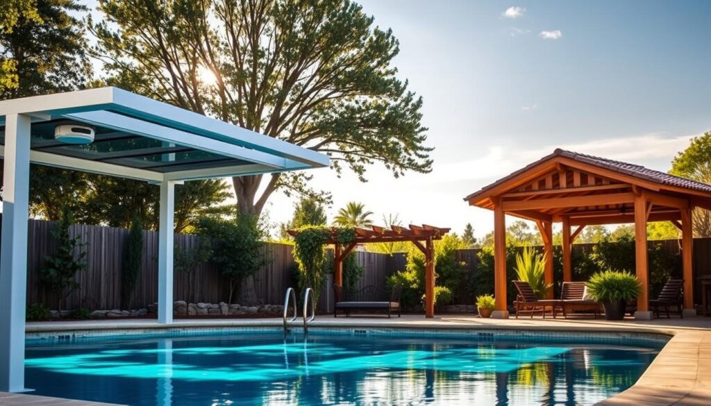 A serene outdoor scene depicting various designs for covered swimming pools. In the foreground, a sleek modern pavilion with a retractable glass roof and minimalist frame hovers over a glistening azure pool. In the middle ground, a classic wooden pergola with trailing vines casts dappled shadows on the water below. In the background, a rustic timber-framed cabana with a pitched tile roof stands nestled among lush greenery. Warm sunlight filters through, creating a cozy and inviting atmosphere. The scene showcases a range of stylish and functional pool enclosure solutions to suit different architectural styles and budgets. A serene outdoor scene depicting various designs for covered swimming pools. In the foreground, a sleek modern pavilion with a retractable glass roof and minimalist frame hovers over a glistening azure pool. In the middle ground, a classic wooden pergola with trailing vines casts dappled shadows on the water below. In the background, a rustic timber-framed cabana with a pitched tile roof stands nestled among lush greenery. Warm sunlight filters through, creating a cozy and inviting atmosphere. The scene showcases a range of stylish and functional pool enclosure solutions to suit different architectural styles and budgets.
