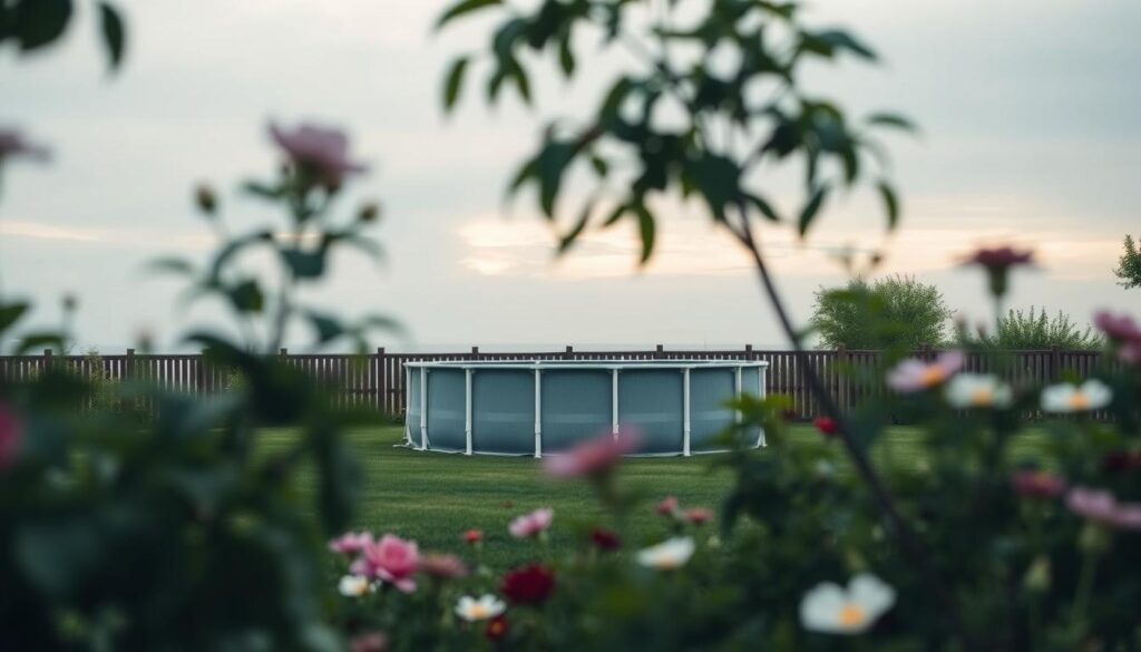 A serene outdoor scene showcasing the key factors that influence the optimal timing for setting up an above-ground swimming pool. In the foreground, lush greenery and blooming flowers frame the pool area, hinting at the importance of seasonal factors. The middle ground depicts the pool structure itself, with various technical elements like the drainage system and foundation highlighted. In the background, a softly overcast sky with muted lighting creates a calm, contemplative atmosphere, emphasizing the need to consider weather conditions. The overall composition conveys a sense of balance and harmony, guiding the viewer to thoughtfully consider the multifaceted aspects of pool deployment timing. A serene outdoor scene showcasing the key factors that influence the optimal timing for setting up an above-ground swimming pool. In the foreground, lush greenery and blooming flowers frame the pool area, hinting at the importance of seasonal factors. The middle ground depicts the pool structure itself, with various technical elements like the drainage system and foundation highlighted. In the background, a softly overcast sky with muted lighting creates a calm, contemplative atmosphere, emphasizing the need to consider weather conditions. The overall composition conveys a sense of balance and harmony, guiding the viewer to thoughtfully consider the multifaceted aspects of pool deployment timing.