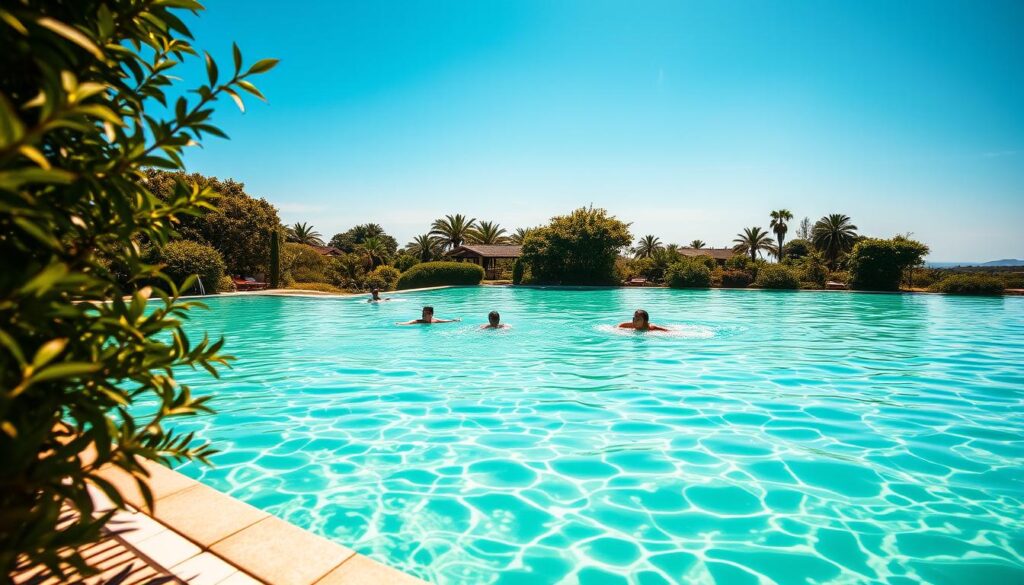 A serene, sunlit swimming pool filled with vibrant, emerald-green water. The surface gently ripples, reflecting the azure sky above. In the foreground, a group of people leisurely float and splash, enjoying the unusual yet inviting hue. The pool's tiled edges are clean and well-maintained, framing the tranquil scene. Lush, verdant foliage surrounds the pool, creating a natural, oasis-like atmosphere. Warm, diffused lighting casts a soft, golden glow over the entire setting, lending it an almost dreamlike quality. The overall impression is one of curiosity, wonder, and the simple pleasure of swimming in this captivating, verdant pool.