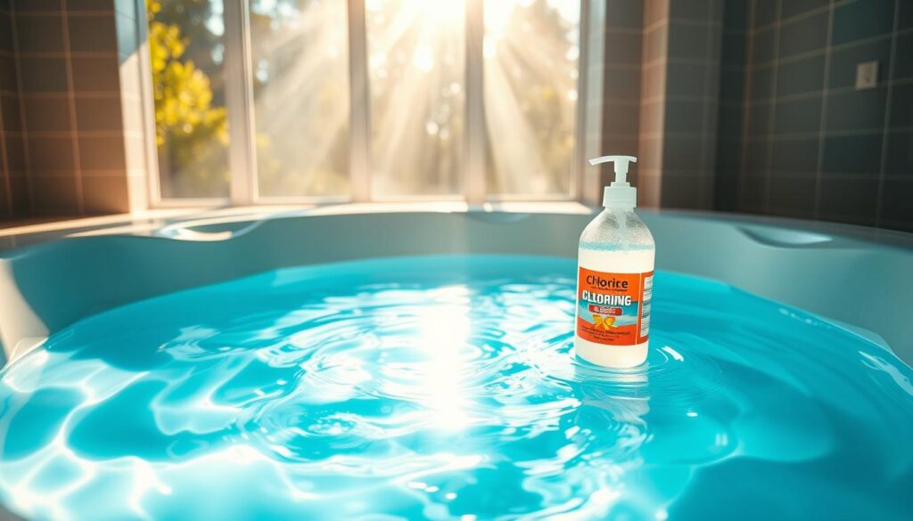 A serene, well-lit interior of a modern jacuzzi, its crystal-clear water gently swirling. Sunlight streams through large windows, casting a warm, inviting glow on the tiled surroundings. A bottle of chlorine solution stands prominently on the edge, symbolizing the importance of maintaining water purity and safety. The scene conveys a sense of relaxation and rejuvenation, underscoring the necessity of properly chlorinating the jacuzzi to ensure a clean, healthy soak.