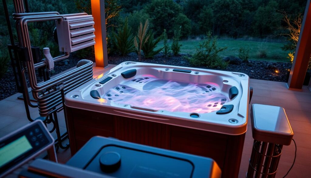 A sophisticated outdoor spa installation, featuring a contemporary jacuzzi tub surrounded by sleek, integrated heating systems and a comprehensive hydromassage setup. The tub is illuminated by warm, ambient lighting, casting a serene glow over the scene. The foreground showcases the intricate piping and control panels, while the middle ground depicts the jacuzzi itself, its swirling waters and massage jets in action. The background features a lush, natural landscape, creating a harmonious blend of modern technology and tranquil, rustic elements. A sophisticated outdoor spa installation, featuring a contemporary jacuzzi tub surrounded by sleek, integrated heating systems and a comprehensive hydromassage setup. The tub is illuminated by warm, ambient lighting, casting a serene glow over the scene. The foreground showcases the intricate piping and control panels, while the middle ground depicts the jacuzzi itself, its swirling waters and massage jets in action. The background features a lush, natural landscape, creating a harmonious blend of modern technology and tranquil, rustic elements.