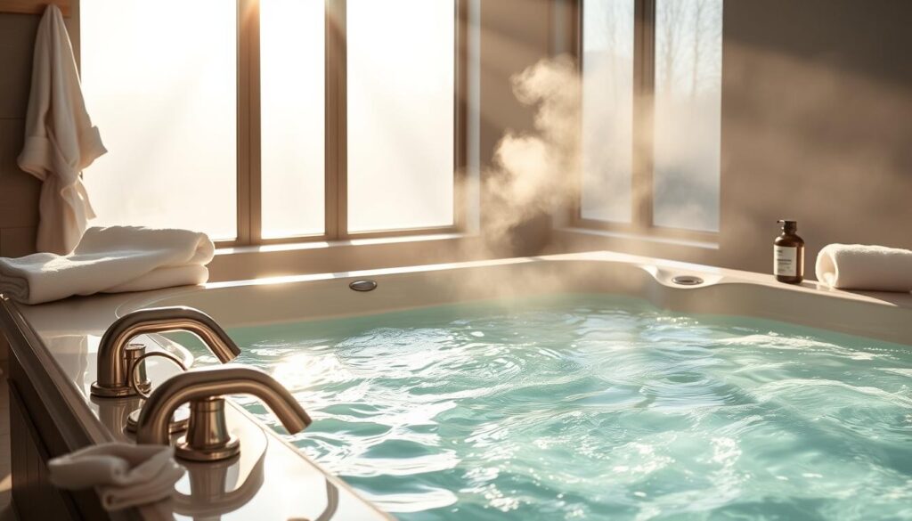 A sparkling jacuzzi set against a serene bathroom backdrop, the water glistening with gentle ripples as it's freshly refilled. Sunlight filters through large windows, casting a warm, natural glow across the scene. Steam rises from the heated water, creating a soothing, inviting atmosphere. The jacuzzi's sleek, modern design stands out, its chrome fixtures gleaming. Plush towels and a robe await nearby, hinting at the relaxation to come. The overall mood is one of tranquility and rejuvenation, reflecting the importance of regularly maintaining the jacuzzi's water quality for a truly restorative experience. A sparkling jacuzzi set against a serene bathroom backdrop, the water glistening with gentle ripples as it's freshly refilled. Sunlight filters through large windows, casting a warm, natural glow across the scene. Steam rises from the heated water, creating a soothing, inviting atmosphere. The jacuzzi's sleek, modern design stands out, its chrome fixtures gleaming. Plush towels and a robe await nearby, hinting at the relaxation to come. The overall mood is one of tranquility and rejuvenation, reflecting the importance of regularly maintaining the jacuzzi's water quality for a truly restorative experience.
