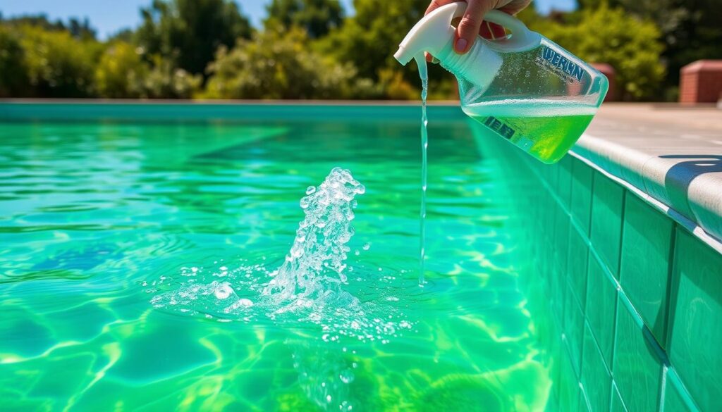 A sparkling swimming pool filled with vibrant green algae, the water murky and uninviting. In the foreground, a pair of hands carefully applying a chlorine-based pool cleaning solution, the fizzing bubbles rising to the surface. The middle ground reveals the pool's edge, tiles gleaming in the warm sunlight. In the background, lush vegetation and a clear blue sky create a serene, natural setting. The scene conveys the need for effective pool maintenance, the goal being to restore the water's clarity and transform the unsightly green hue back to its pristine, inviting blue. A sparkling swimming pool filled with vibrant green algae, the water murky and uninviting. In the foreground, a pair of hands carefully applying a chlorine-based pool cleaning solution, the fizzing bubbles rising to the surface. The middle ground reveals the pool's edge, tiles gleaming in the warm sunlight. In the background, lush vegetation and a clear blue sky create a serene, natural setting. The scene conveys the need for effective pool maintenance, the goal being to restore the water's clarity and transform the unsightly green hue back to its pristine, inviting blue.