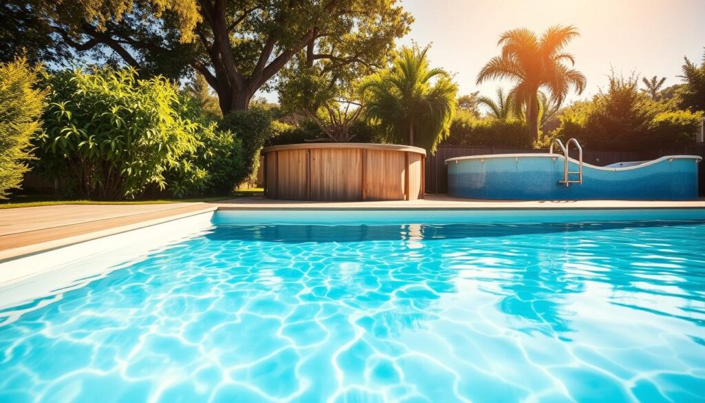 A sun-dappled view of various types of swimming pools, capturing their unique shapes and designs. In the foreground, a sleek rectangular in-ground pool reflects the clear sky above, while in the middle ground, a more rustic above-ground pool is nestled amidst lush greenery. In the background, a glistening freeform pool with gentle curves blends seamlessly into its natural surroundings. The scene is bathed in warm, golden light, creating a serene and inviting atmosphere, perfect for illustrating the diverse range of pool styles that can be repaired. A sun-dappled view of various types of swimming pools, capturing their unique shapes and designs. In the foreground, a sleek rectangular in-ground pool reflects the clear sky above, while in the middle ground, a more rustic above-ground pool is nestled amidst lush greenery. In the background, a glistening freeform pool with gentle curves blends seamlessly into its natural surroundings. The scene is bathed in warm, golden light, creating a serene and inviting atmosphere, perfect for illustrating the diverse range of pool styles that can be repaired.