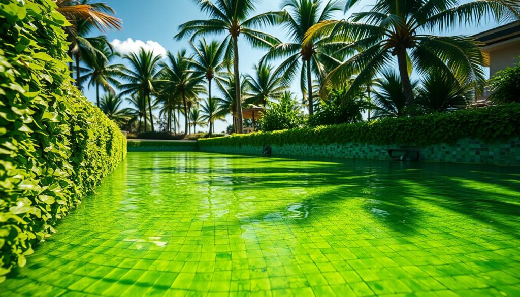 A sun-drenched swimming pool, its waters tinted a vibrant green hue. In the foreground, a lush growth of algae clings to the pool's walls, casting wavering shadows across the surface. The middle ground reveals a partially submerged filter system, its mechanisms obscured by the verdant bloom. In the background, a row of towering palm trees sway gently, their fronds casting a dappled pattern of light and shadow. The scene is imbued with a sense of humidity and warmth, the air thick with the scent of chlorine and decay. A close-up, detailed view captures the intricate textures and colors of the algae, highlighting the factors that contribute to the pool's green transformation. A sun-drenched swimming pool, its waters tinted a vibrant green hue. In the foreground, a lush growth of algae clings to the pool's walls, casting wavering shadows across the surface. The middle ground reveals a partially submerged filter system, its mechanisms obscured by the verdant bloom. In the background, a row of towering palm trees sway gently, their fronds casting a dappled pattern of light and shadow. The scene is imbued with a sense of humidity and warmth, the air thick with the scent of chlorine and decay. A close-up, detailed view captures the intricate textures and colors of the algae, highlighting the factors that contribute to the pool's green transformation.