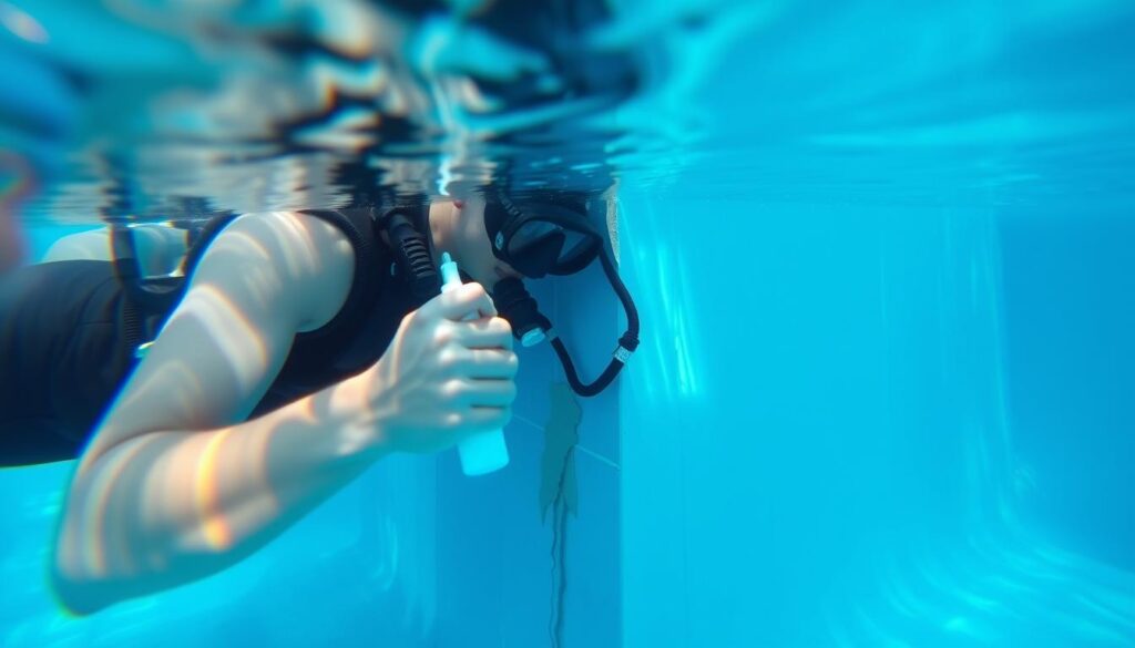 A swimming pool being repaired underwater, with a person in scuba gear applying a patch of adhesive material to a crack in the pool liner. The pool is filled with clear, blue water, with sunlight filtering down from the surface. The person is using a specialized underwater adhesive and tool to carefully bond the patch to the pool wall. The scene has a serene, tranquil atmosphere, with the muffled sounds of water and the diver's breathing equipment. The overall mood is one of problem-solving and methodical underwater repair work. A swimming pool being repaired underwater, with a person in scuba gear applying a patch of adhesive material to a crack in the pool liner. The pool is filled with clear, blue water, with sunlight filtering down from the surface. The person is using a specialized underwater adhesive and tool to carefully bond the patch to the pool wall. The scene has a serene, tranquil atmosphere, with the muffled sounds of water and the diver's breathing equipment. The overall mood is one of problem-solving and methodical underwater repair work.
