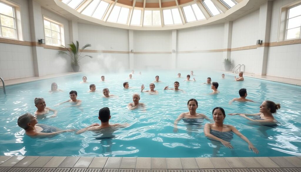 A tranquil indoor swimming pool with a high, domed ceiling and large windows letting in natural light. The pool is filled with crystal-clear, turquoise-tinted saline water, gently lapping against the tiled edges. Steam rises from the surface, creating a soothing, misty atmosphere. People of all ages and backgrounds are leisurely floating, swimming, and relaxing in the mineral-rich water, their faces serene and rejuvenated. The pool's surroundings are minimalist and spa-like, with natural stone accents and lush, verdant plants adding to the calming ambiance. A sense of deep relaxation and therapeutic well-being permeates the scene. A tranquil indoor swimming pool with a high, domed ceiling and large windows letting in natural light. The pool is filled with crystal-clear, turquoise-tinted saline water, gently lapping against the tiled edges. Steam rises from the surface, creating a soothing, misty atmosphere. People of all ages and backgrounds are leisurely floating, swimming, and relaxing in the mineral-rich water, their faces serene and rejuvenated. The pool's surroundings are minimalist and spa-like, with natural stone accents and lush, verdant plants adding to the calming ambiance. A sense of deep relaxation and therapeutic well-being permeates the scene.