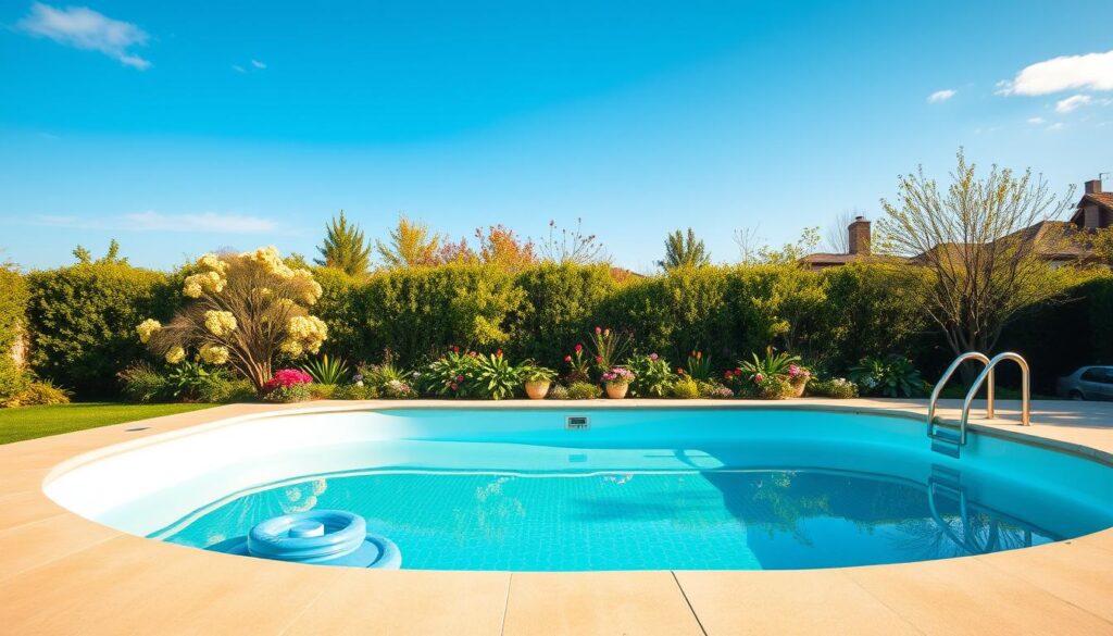 A tranquil outdoor scene in early spring, capturing the optimal time to set up a backyard pool. The foreground depicts a pristine, empty pool deck, with neatly arranged pool accessories and equipment waiting to be assembled. The middle ground showcases a lush, verdant garden, with vibrant flowers and budding trees signaling the start of the season. In the background, a clear blue sky with a few wispy clouds sets a serene and inviting atmosphere. The lighting is soft and natural, casting a warm glow over the entire scene. The composition emphasizes the anticipation and excitement of preparing for the upcoming pool season, inviting the viewer to envision themselves in this picturesque setting, ready to enjoy the first swim of the year. A tranquil outdoor scene in early spring, capturing the optimal time to set up a backyard pool. The foreground depicts a pristine, empty pool deck, with neatly arranged pool accessories and equipment waiting to be assembled. The middle ground showcases a lush, verdant garden, with vibrant flowers and budding trees signaling the start of the season. In the background, a clear blue sky with a few wispy clouds sets a serene and inviting atmosphere. The lighting is soft and natural, casting a warm glow over the entire scene. The composition emphasizes the anticipation and excitement of preparing for the upcoming pool season, inviting the viewer to envision themselves in this picturesque setting, ready to enjoy the first swim of the year.