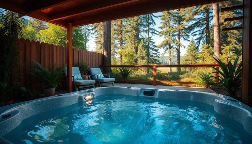 A tranquil outdoor space with a well-designed jacuzzi, nestled among lush greenery and natural elements. The jacuzzi is situated on a wooden deck, seamlessly blending with the surrounding landscape. Warm, soft lighting casts a welcoming glow, creating a cozy and inviting atmosphere. The water's surface reflects the natural beauty of the environment, with towering trees and a clear blue sky in the background. The entire scene evokes a sense of relaxation and outdoor serenity, perfectly suited for the "Wybór odpowiedniego miejsca na jacuzzi" section of the article. A tranquil outdoor space with a well-designed jacuzzi, nestled among lush greenery and natural elements. The jacuzzi is situated on a wooden deck, seamlessly blending with the surrounding landscape. Warm, soft lighting casts a welcoming glow, creating a cozy and inviting atmosphere. The water's surface reflects the natural beauty of the environment, with towering trees and a clear blue sky in the background. The entire scene evokes a sense of relaxation and outdoor serenity, perfectly suited for the "Wybór odpowiedniego miejsca na jacuzzi" section of the article.