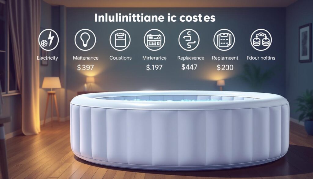 A vibrant, detailed illustration showcasing the additional costs associated with owning an inflatable hot tub. In the foreground, a sleek, modern inflatable jacuzzi sits prominently, its gleaming white exterior contrasted by the plush, comfortable-looking cushions. The middle ground features a series of financial icons and graphs, depicting the various ongoing expenses such as electricity, maintenance, and replacement parts. In the background, a dimly lit interior setting provides a cozy, domestic atmosphere, emphasizing the homely nature of the inflatable jacuzzi. The lighting is warm and inviting, casting a soft glow over the scene. The overall composition conveys a sense of practicality and thoughtfulness, guiding the viewer to consider the holistic costs of owning and operating an inflatable hot tub. A vibrant, detailed illustration showcasing the additional costs associated with owning an inflatable hot tub. In the foreground, a sleek, modern inflatable jacuzzi sits prominently, its gleaming white exterior contrasted by the plush, comfortable-looking cushions. The middle ground features a series of financial icons and graphs, depicting the various ongoing expenses such as electricity, maintenance, and replacement parts. In the background, a dimly lit interior setting provides a cozy, domestic atmosphere, emphasizing the homely nature of the inflatable jacuzzi. The lighting is warm and inviting, casting a soft glow over the scene. The overall composition conveys a sense of practicality and thoughtfulness, guiding the viewer to consider the holistic costs of owning and operating an inflatable hot tub.