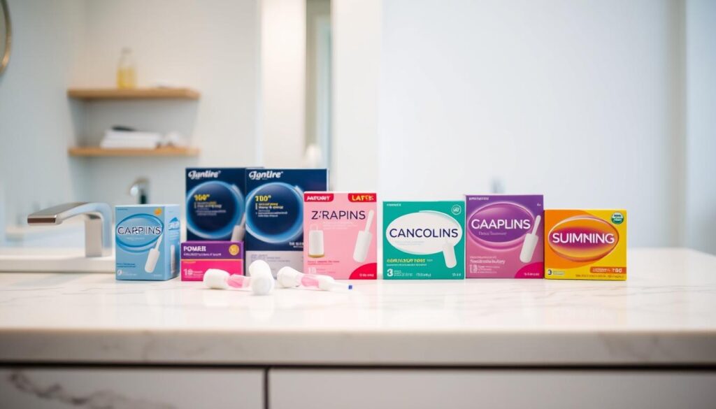 A well-lit bathroom interior, with a vanity countertop showcasing a variety of tampon boxes in different sizes and absorbency levels. The tampons are neatly arranged, inviting the viewer to closely examine and compare the options. The countertop is made of sleek, smooth marble, reflecting the light and creating a clean, modern atmosphere. The background is blurred, but hints at subtle wall tiling or shelving, emphasizing the focus on the tampons. The lighting is soft and even, accentuating the various colors and textures of the tampon packaging. The overall scene conveys a sense of thoughtful consideration and informed choice when it comes to selecting the right tampon for swimming during one's period. A well-lit bathroom interior, with a vanity countertop showcasing a variety of tampon boxes in different sizes and absorbency levels. The tampons are neatly arranged, inviting the viewer to closely examine and compare the options. The countertop is made of sleek, smooth marble, reflecting the light and creating a clean, modern atmosphere. The background is blurred, but hints at subtle wall tiling or shelving, emphasizing the focus on the tampons. The lighting is soft and even, accentuating the various colors and textures of the tampon packaging. The overall scene conveys a sense of thoughtful consideration and informed choice when it comes to selecting the right tampon for swimming during one's period.