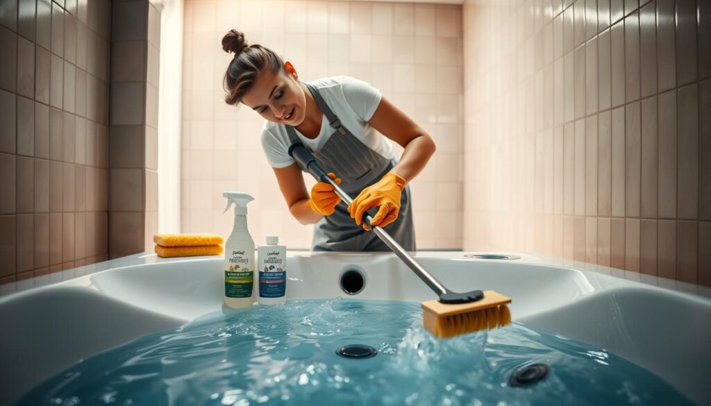 A well-lit jacuzzi interior, with a person in the foreground diligently scrubbing the tub's surface using a long-handled brush. The person is wearing rubber gloves and an apron, their expression focused on the task at hand. The middle ground features neatly arranged cleaning supplies, such as bottles of specialized jacuzzi cleaner, a sponge, and a squeegee. In the background, the tiled walls and floor of the jacuzzi enclosure are visible, with a sense of cleanliness and order. The lighting is bright and natural, accentuating the gleaming, freshly cleaned surfaces. The overall atmosphere conveys a sense of meticulous attention to detail and the importance of maintaining a pristine jacuzzi environment. A well-lit jacuzzi interior, with a person in the foreground diligently scrubbing the tub's surface using a long-handled brush. The person is wearing rubber gloves and an apron, their expression focused on the task at hand. The middle ground features neatly arranged cleaning supplies, such as bottles of specialized jacuzzi cleaner, a sponge, and a squeegee. In the background, the tiled walls and floor of the jacuzzi enclosure are visible, with a sense of cleanliness and order. The lighting is bright and natural, accentuating the gleaming, freshly cleaned surfaces. The overall atmosphere conveys a sense of meticulous attention to detail and the importance of maintaining a pristine jacuzzi environment.