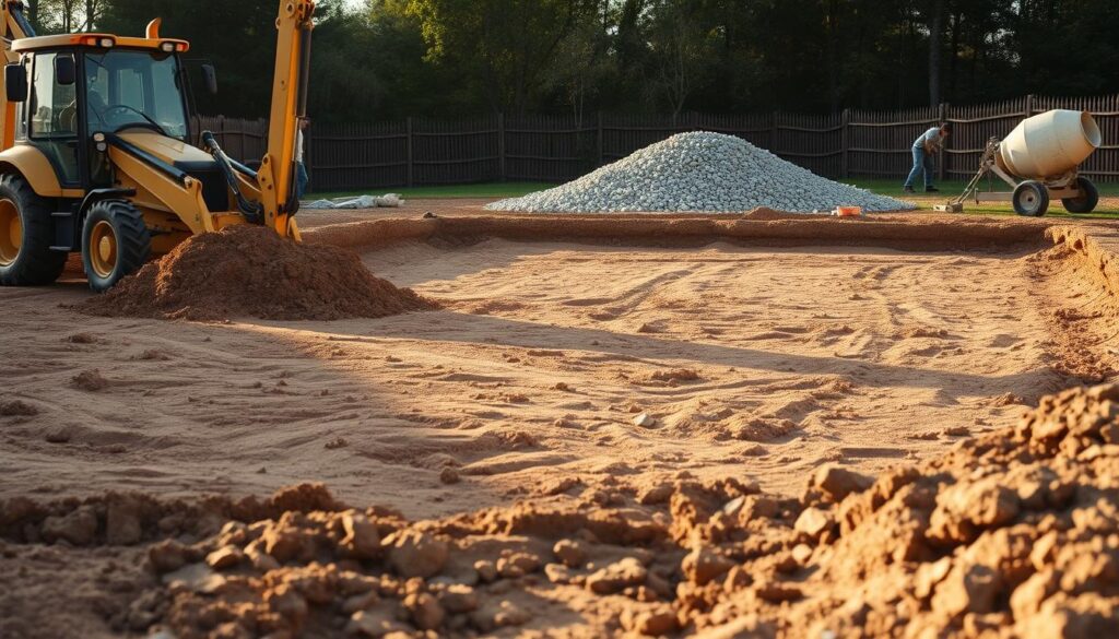 A well-maintained and level ground is essential for a safe and long-lasting in-ground swimming pool. In the foreground, a backhoe excavates the soil, preparing the site for a sturdy foundation. The middle ground showcases a team of workers meticulously grading the surface, ensuring a perfectly flat and even base. In the background, a stack of gravel and a cement mixer stand ready, signifying the next steps in the construction process. The scene is bathed in warm, golden light, creating a sense of progress and professionalism. The overall atmosphere conveys the importance of thorough groundwork to create a secure and visually appealing pool installation.
