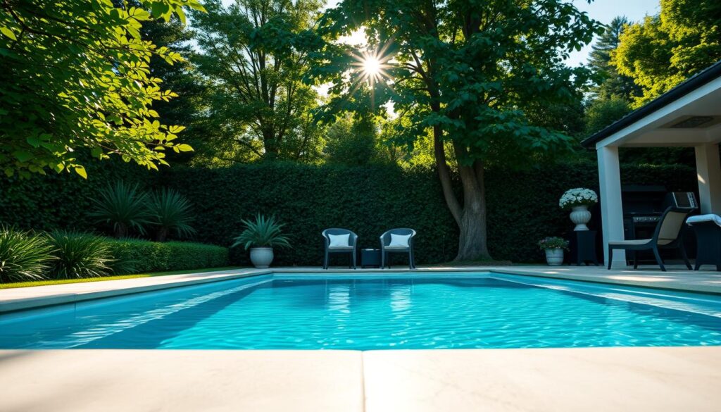 A well-manicured garden with lush greenery as the backdrop, the sun's warm rays filtering through the leaves. In the foreground, a sleek, rectangular pool takes center stage, its crystal-clear waters glistening invitingly. The pool's edges are lined with smooth natural stone, creating a seamless integration with the surrounding landscape. A few strategically placed potted plants and patio furniture add a touch of elegance, while the overall composition conveys a sense of tranquility and relaxation. The scene is captured from a low angle, emphasizing the pool's depth and the surrounding flora. A wide-angle lens provides a comprehensive view, allowing the viewer to fully immerse themselves in the idyllic garden oasis. A well-manicured garden with lush greenery as the backdrop, the sun's warm rays filtering through the leaves. In the foreground, a sleek, rectangular pool takes center stage, its crystal-clear waters glistening invitingly. The pool's edges are lined with smooth natural stone, creating a seamless integration with the surrounding landscape. A few strategically placed potted plants and patio furniture add a touch of elegance, while the overall composition conveys a sense of tranquility and relaxation. The scene is captured from a low angle, emphasizing the pool's depth and the surrounding flora. A wide-angle lens provides a comprehensive view, allowing the viewer to fully immerse themselves in the idyllic garden oasis.