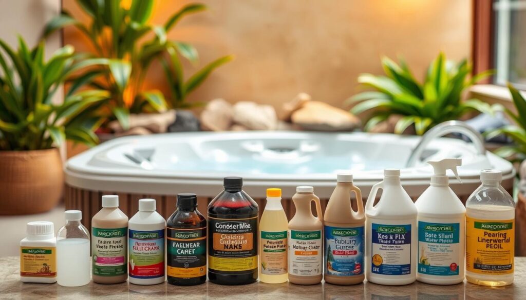A well-organized jacuzzi scene, with an assortment of chemical products neatly arranged in the foreground. In the middle ground, a serene, gently-bubbling jacuzzi tub, surrounded by lush, verdant plants and natural stone accents. The background showcases a cozy, spa-like atmosphere, with warm, diffused lighting highlighting the tranquil ambiance. The image conveys a sense of relaxation and a focus on maintaining the water quality and hygiene of the jacuzzi through the selection of appropriate chemical treatments.