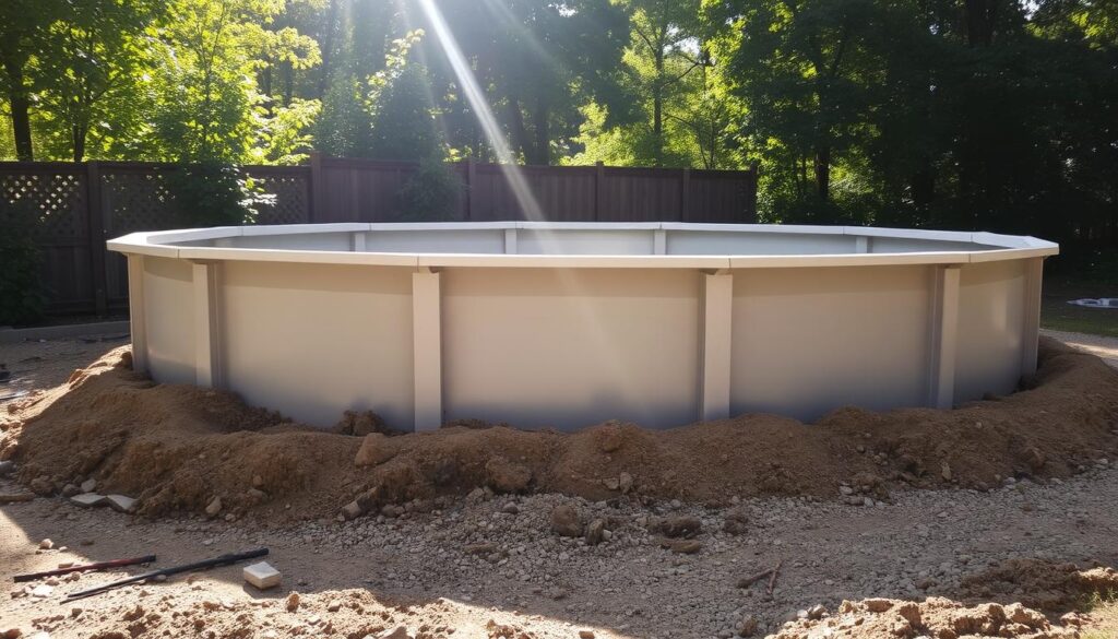 A well-prepared, level ground with a smooth, even surface, ready to support a sturdy above-ground pool frame. The ground is cleared of debris, with a firm, compacted base of crushed stone or gravel, topped with a layer of sand or fine crushed rock. Sunlight filters gently through lush, verdant foliage, casting a warm, natural ambiance. The scene conveys a sense of meticulous preparation, ensuring a stable and secure foundation for the upcoming pool installation. Soft shadows and highlights accentuate the textural details of the prepared surface, inviting the viewer to imagine the tranquil backyard oasis that will soon take shape.
