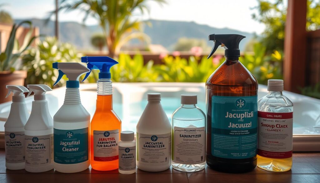 A well-stocked selection of disinfectants and cleaning products for a pristine jacuzzi. In the foreground, various bottles and containers with clear labeling showcase an array of specialized jacuzzi cleaners, sanitizers, and pH balancers. The mid-ground features a gleaming, inviting jacuzzi tub, its water glistening under soft, warm lighting. In the background, a lush, verdant garden setting provides a serene, natural backdrop, emphasizing the importance of maintaining a clean and safe jacuzzi environment. The overall mood is one of cleanliness, care, and attention to detail, reflecting the crucial role of proper jacuzzi chemistry in ensuring a relaxing and hygienic spa experience.