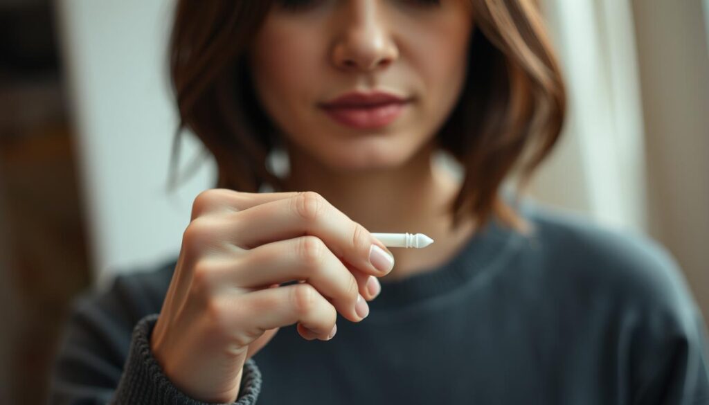 A woman's hand carefully inserting a tampon, with a gentle and confident motion. The scene is well-lit, with soft, diffused lighting highlighting the delicate details. The background is blurred, creating a sense of intimacy and focus on the task at hand. The woman's expression is serene and matter-of-fact, conveying the normalcy and routine nature of this personal hygiene activity. The color palette is muted and natural, lending a sense of simplicity and ease to the image. The overall atmosphere is one of calm, empowerment, and the normalized, everyday nature of menstrual care. A woman's hand carefully inserting a tampon, with a gentle and confident motion. The scene is well-lit, with soft, diffused lighting highlighting the delicate details. The background is blurred, creating a sense of intimacy and focus on the task at hand. The woman's expression is serene and matter-of-fact, conveying the normalcy and routine nature of this personal hygiene activity. The color palette is muted and natural, lending a sense of simplicity and ease to the image. The overall atmosphere is one of calm, empowerment, and the normalized, everyday nature of menstrual care.