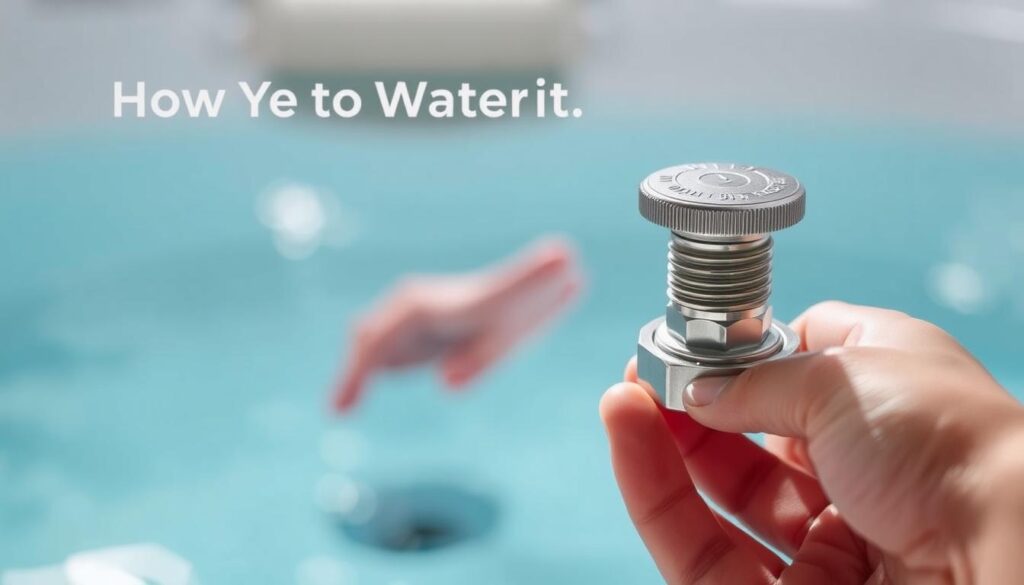 An instructional step-by-step guide to draining water from a jacuzzi, shot in a clean, minimalist style. In the foreground, a close-up view of a jacuzzi drain valve, the chrome finish glinting under soft, directional lighting. In the middle ground, a hand reaching towards the valve, ready to twist it open. The background blurred, focusing attention on the task at hand. The composition conveys a sense of simplicity and ease, with a calm, informative mood to guide the viewer through the process. Technical details like camera angle, lens, and lighting emphasize the instructional nature of the image.
