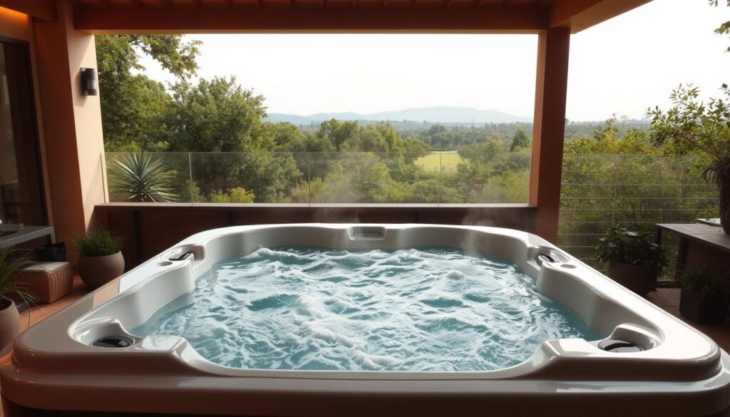 An open-air jacuzzi situated in a serene outdoor setting, surrounded by lush greenery and natural elements. The jacuzzi is made of sleek, modern materials, with a minimalist design that blends seamlessly with the environment. Soft, warm lighting casts a tranquil glow over the scene, creating an inviting and relaxing atmosphere. The water in the jacuzzi is crystal clear, gently bubbling and emitting a soothing steam. The frame is captured from a slightly elevated angle, showcasing the jacuzzi's elegant form and the harmonious integration of the feature into the natural landscape. This image perfectly captures the essence of an luxurious, yet affordable, outdoor jacuzzi experience.