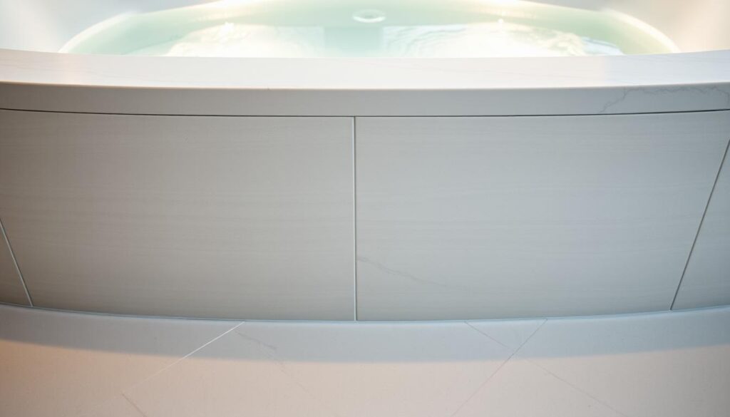 Detailed and textured podłoże (substrate) for a modern, minimalist jacuzzi. A sleek, smooth surface of light-colored natural stone or porcelain tiles, accented with subtle veining and a soft, matte finish. The material blends seamlessly with the jacuzzi's clean lines, creating a cohesive, high-end look. Indirect lighting from concealed sources casts a warm, inviting glow, while the gentle curves and simple, elegant design prioritize both aesthetics and functionality. The result is a luxurious, spa-like environment that complements the jacuzzi's therapeutic benefits. Detailed and textured podłoże (substrate) for a modern, minimalist jacuzzi. A sleek, smooth surface of light-colored natural stone or porcelain tiles, accented with subtle veining and a soft, matte finish. The material blends seamlessly with the jacuzzi's clean lines, creating a cohesive, high-end look. Indirect lighting from concealed sources casts a warm, inviting glow, while the gentle curves and simple, elegant design prioritize both aesthetics and functionality. The result is a luxurious, spa-like environment that complements the jacuzzi's therapeutic benefits.
