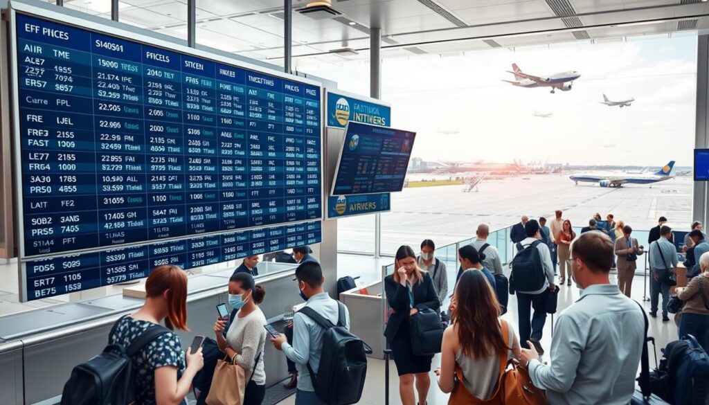 A bustling airport terminal, filled with travelers and ticket counters. In the foreground, a display board showcases a matrix of flight prices, departure times, and destinations. The middle ground features a group of passengers comparing options on their smartphones, while airline staff assist others with their bookings. In the background, a panoramic view of the runway, with planes taking off and landing, symbolizing the factors that influence ticket prices, such as fuel costs, route demand, and seasonal fluctuations. The lighting is bright and modern, with a sense of efficiency and organization, reflecting the complex systems that govern the pricing of travel tickets.