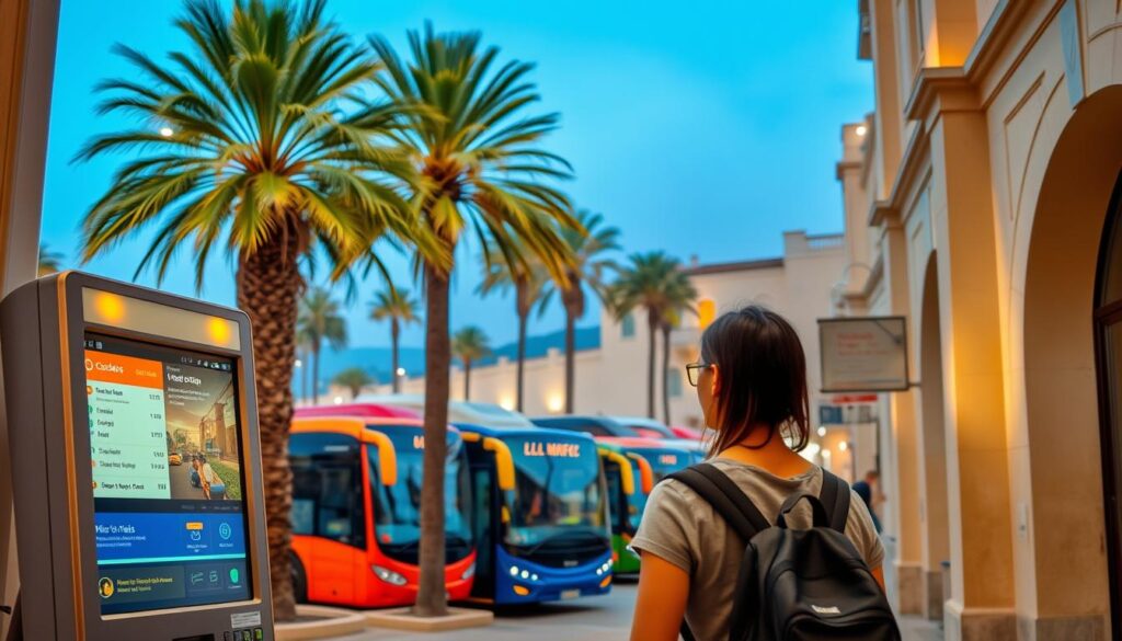 A bustling bus station on the picturesque island of Majorca, Spain. In the foreground, a traveler approaches a sleek, modern ticketing kiosk, its display illuminated by warm, ambient lighting. The middle ground showcases the diverse array of buses, their vibrant colors and streamlined designs reflecting the island's vibrant energy. In the background, palm trees sway gently, and the iconic Balearic architecture frames the scene, creating a charming, Mediterranean atmosphere. The overall composition conveys the ease and convenience of purchasing a bus ticket, inviting the viewer to envision themselves navigating the island's public transportation system. A bustling bus station on the picturesque island of Majorca, Spain. In the foreground, a traveler approaches a sleek, modern ticketing kiosk, its display illuminated by warm, ambient lighting. The middle ground showcases the diverse array of buses, their vibrant colors and streamlined designs reflecting the island's vibrant energy. In the background, palm trees sway gently, and the iconic Balearic architecture frames the scene, creating a charming, Mediterranean atmosphere. The overall composition conveys the ease and convenience of purchasing a bus ticket, inviting the viewer to envision themselves navigating the island's public transportation system.