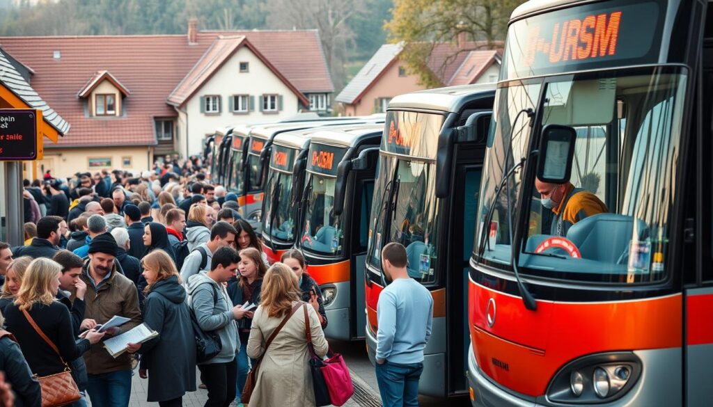 A bustling bus terminal in a quaint German town, with a fleet of modern, well-maintained buses lined up, their chrome and glass gleaming in the soft, warm lighting. Passengers of diverse ages and backgrounds board and disembark, some clutching tickets, others consulting route maps. The scene exudes a sense of efficiency and reliability, capturing the essence of Germany's renowned public transportation system. The buses, adorned with their respective company logos, stand ready to ferry commuters to their destinations, seamlessly connecting neighborhoods and communities across the region.