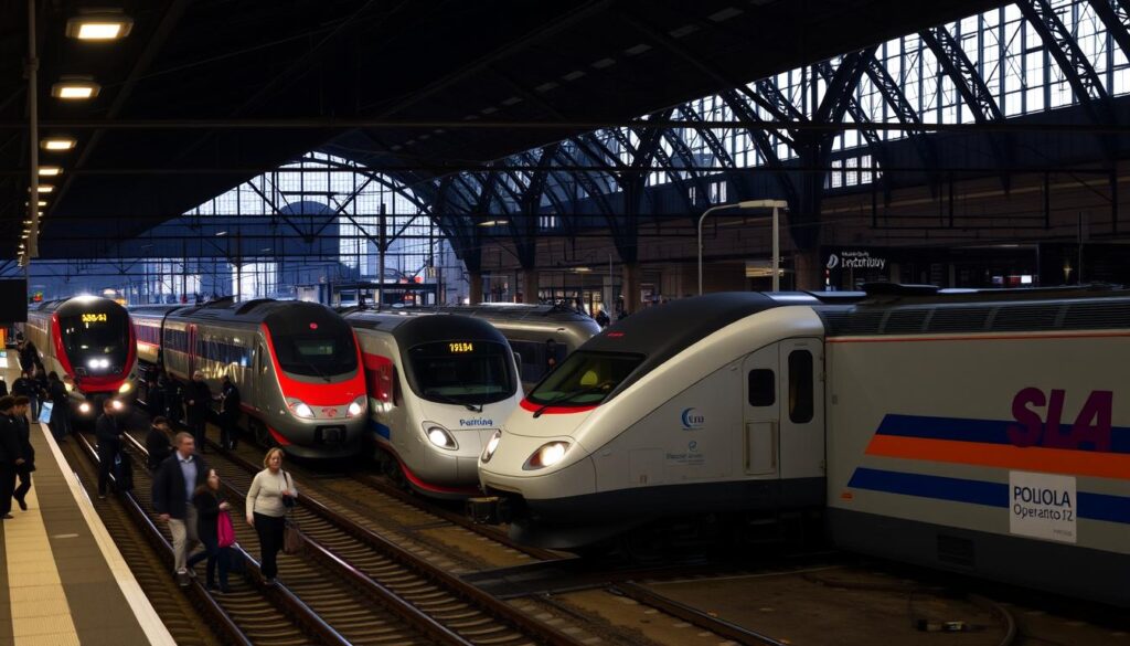 A bustling train station platform, dimly lit by warm overhead lamps, showcasing a diverse array of railway operators. In the foreground, sleek modern locomotives emblazoned with distinct logos and liveries stand ready to depart. In the middle ground, passengers hurry to board, their luggage and attire hinting at the variety of regional and long-distance rail services. In the background, a mix of historic and contemporary station architecture creates a sense of timeless transportation. The scene conveys the interconnected nature of Poland's diverse rail network, ready to whisk passengers to their destinations. A bustling train station platform, dimly lit by warm overhead lamps, showcasing a diverse array of railway operators. In the foreground, sleek modern locomotives emblazoned with distinct logos and liveries stand ready to depart. In the middle ground, passengers hurry to board, their luggage and attire hinting at the variety of regional and long-distance rail services. In the background, a mix of historic and contemporary station architecture creates a sense of timeless transportation. The scene conveys the interconnected nature of Poland's diverse rail network, ready to whisk passengers to their destinations.
